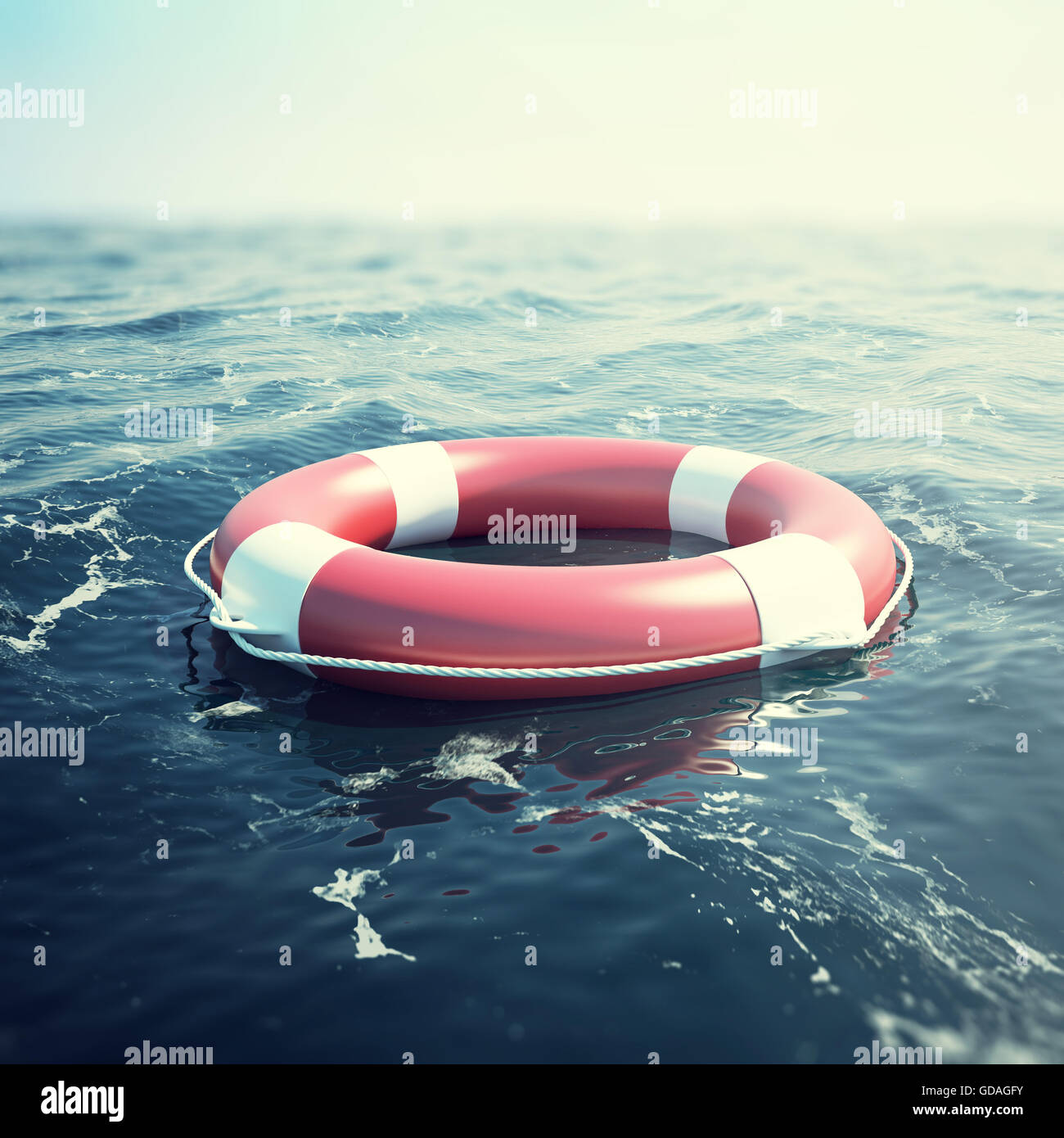 Red salvagente galleggianti in mare. 3d illustrazione Foto Stock