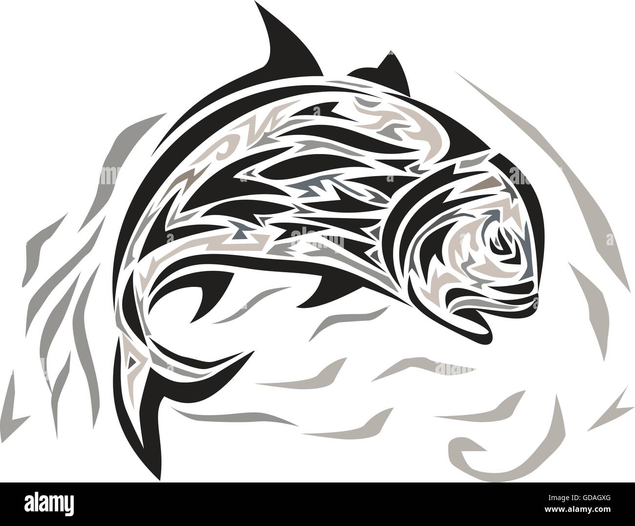 Arte Tribale illustrazione dello stile di un gigante di carangidi, Caranx ignobilis noto anche come kingfish gigante, umile, carangidi carangidi barriera o ulua una specie di grandi pesci marini nella famiglia di jack, Carangidae jumping diving giù visto dal lato impostato sull isola Illustrazione Vettoriale