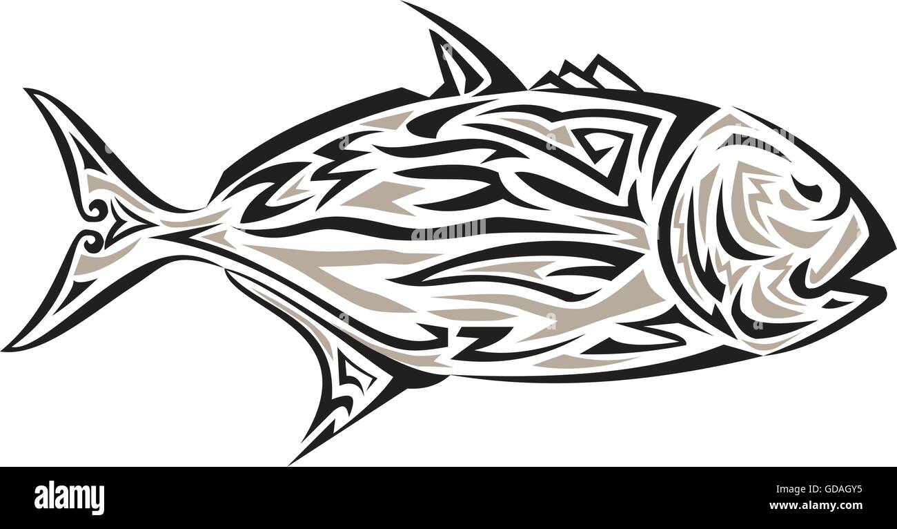 Arte Tribale illustrazione dello stile di un gigante di carangidi, Caranx ignobilis noto anche come kingfish gigante, umile, carangidi carangidi barriera o ulua una specie di grandi pesci marini nella famiglia di jack, Carangidae visto dal lato impostato su isolato sfondo bianco Illustrazione Vettoriale