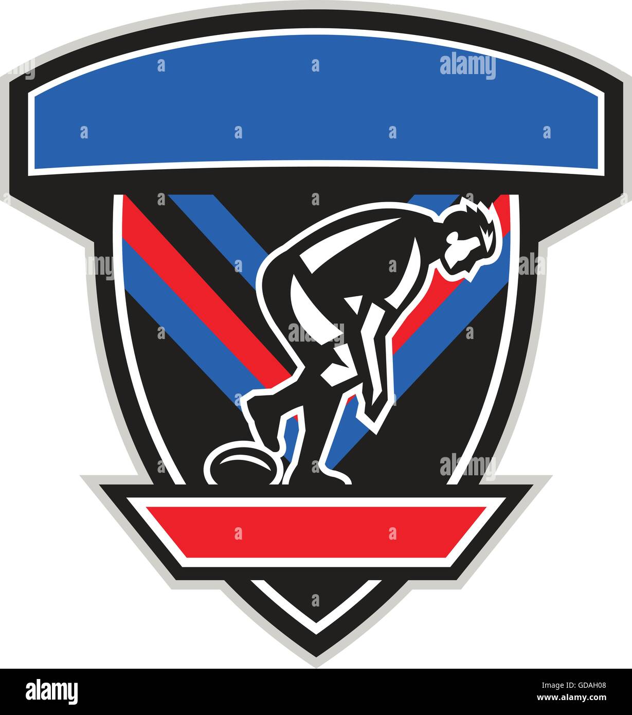 Illustrazione di un rugby league player giocare palla visto dal lato impostato all'interno della protezione crest fatto in stile retrò. Illustrazione Vettoriale