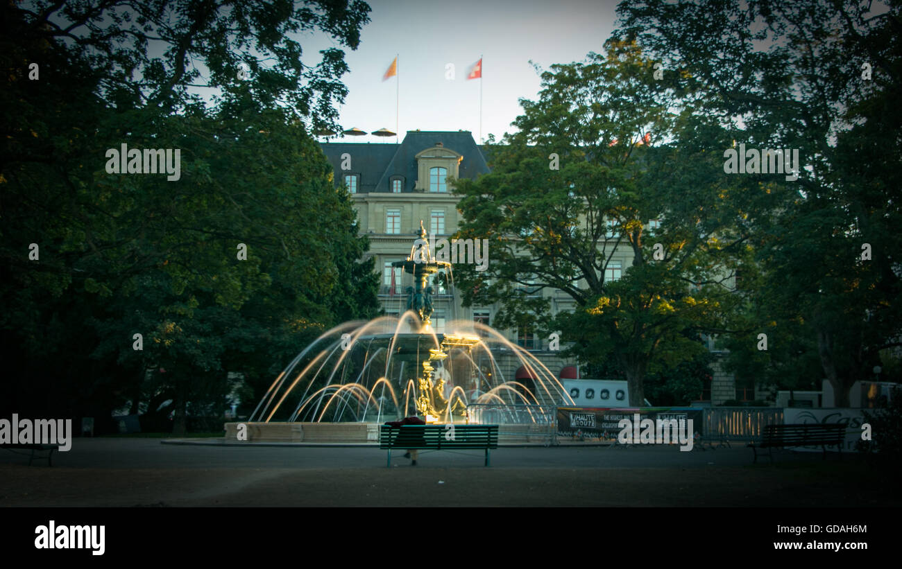 Fontana @ Jardin Anglais a Ginevra, Svizzera Foto Stock