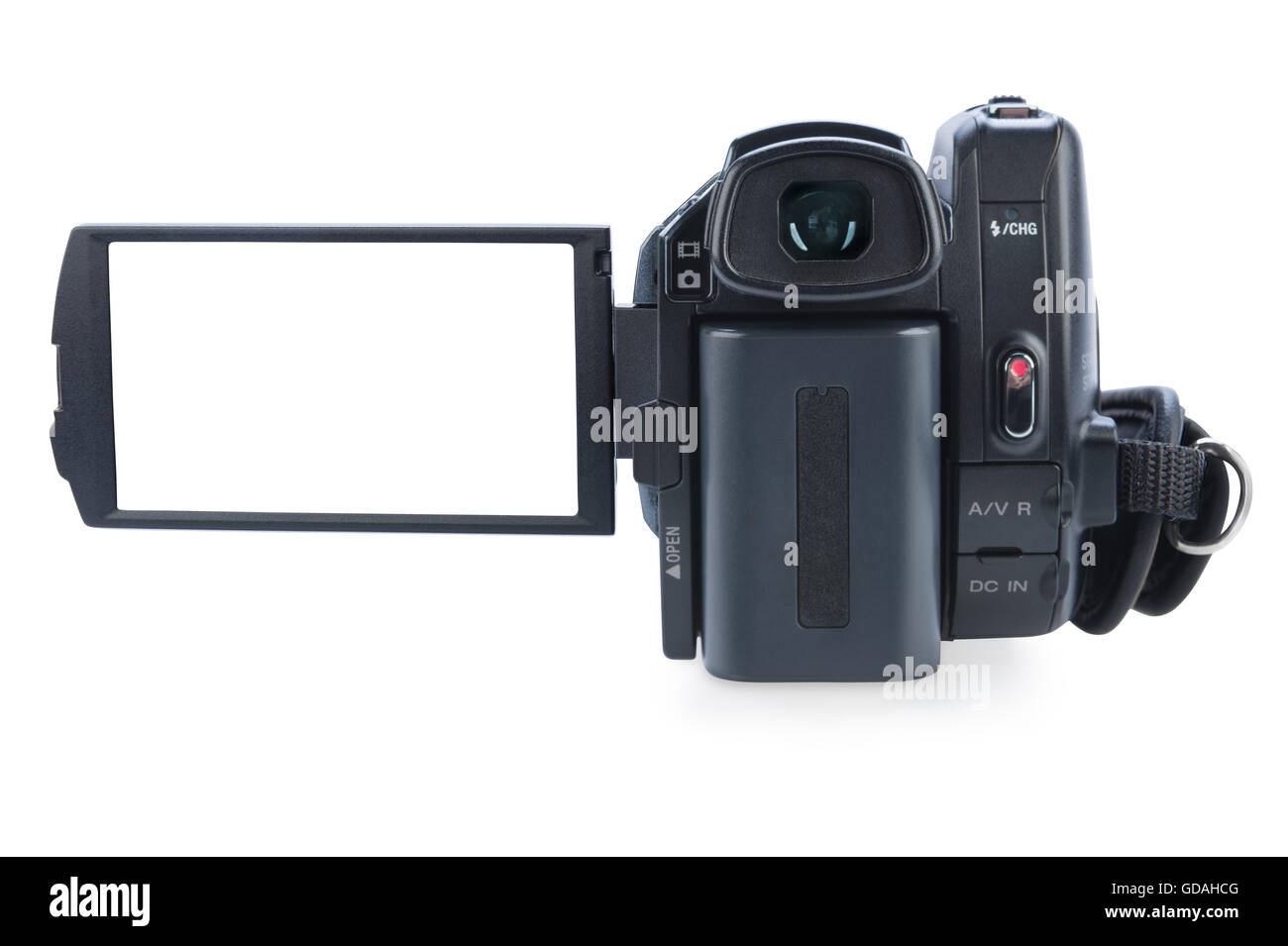 Videocamera con aprire il display lcd, isolato su sfondo bianco. S Foto Stock