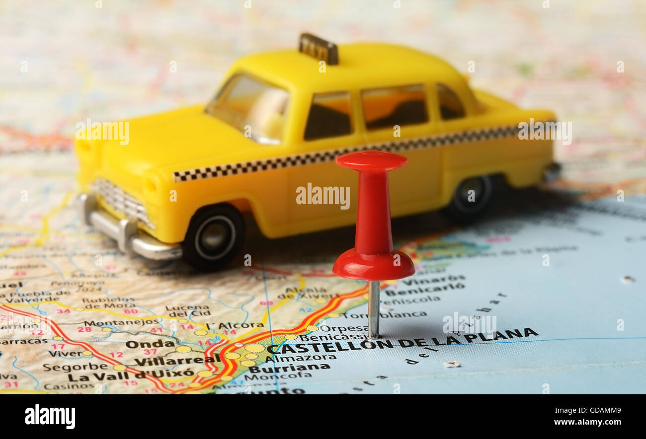Close up di Castellon de la Plana , Spagna mappa e un giocattolo taxi,concetto di viaggio Foto Stock