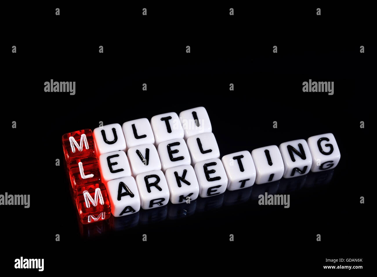 MLM Multi Level Marketing scritto su cubetti su sfondo nero Foto Stock