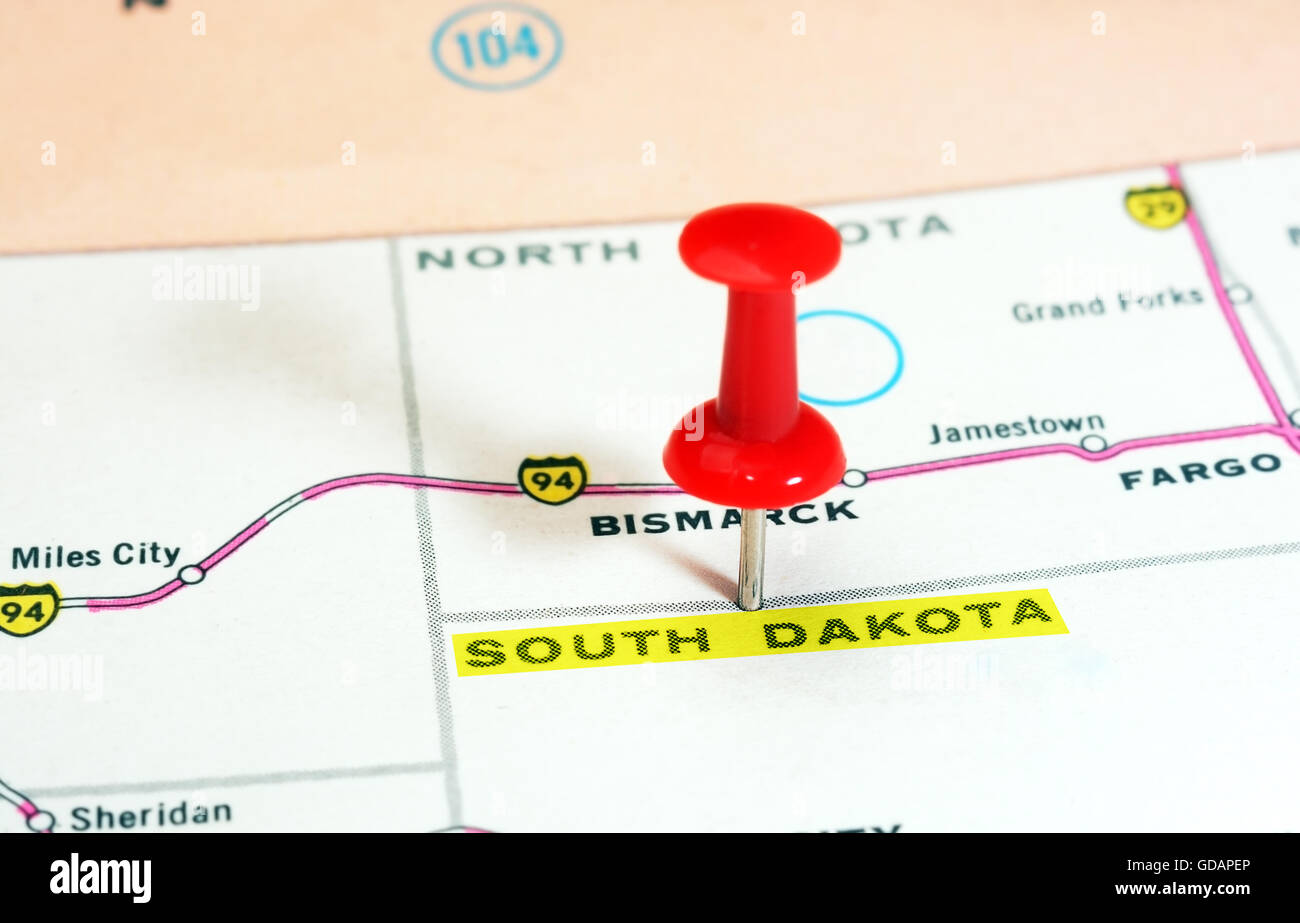 Close up del Sud Dakota stato USA mappa con perno rosso - Concetto di viaggio Foto Stock