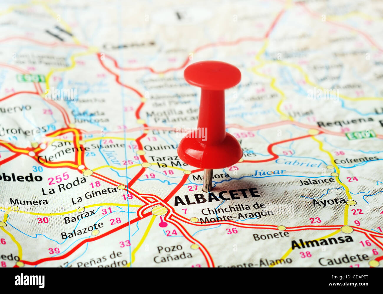 Close up di Albacete ,Spagna mappa con perno rosso - Concetto di viaggio Foto Stock