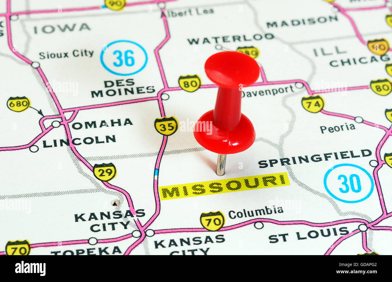 Chiusura del Missouri stato USA mappa con perno rosso - Concetto di viaggio Foto Stock