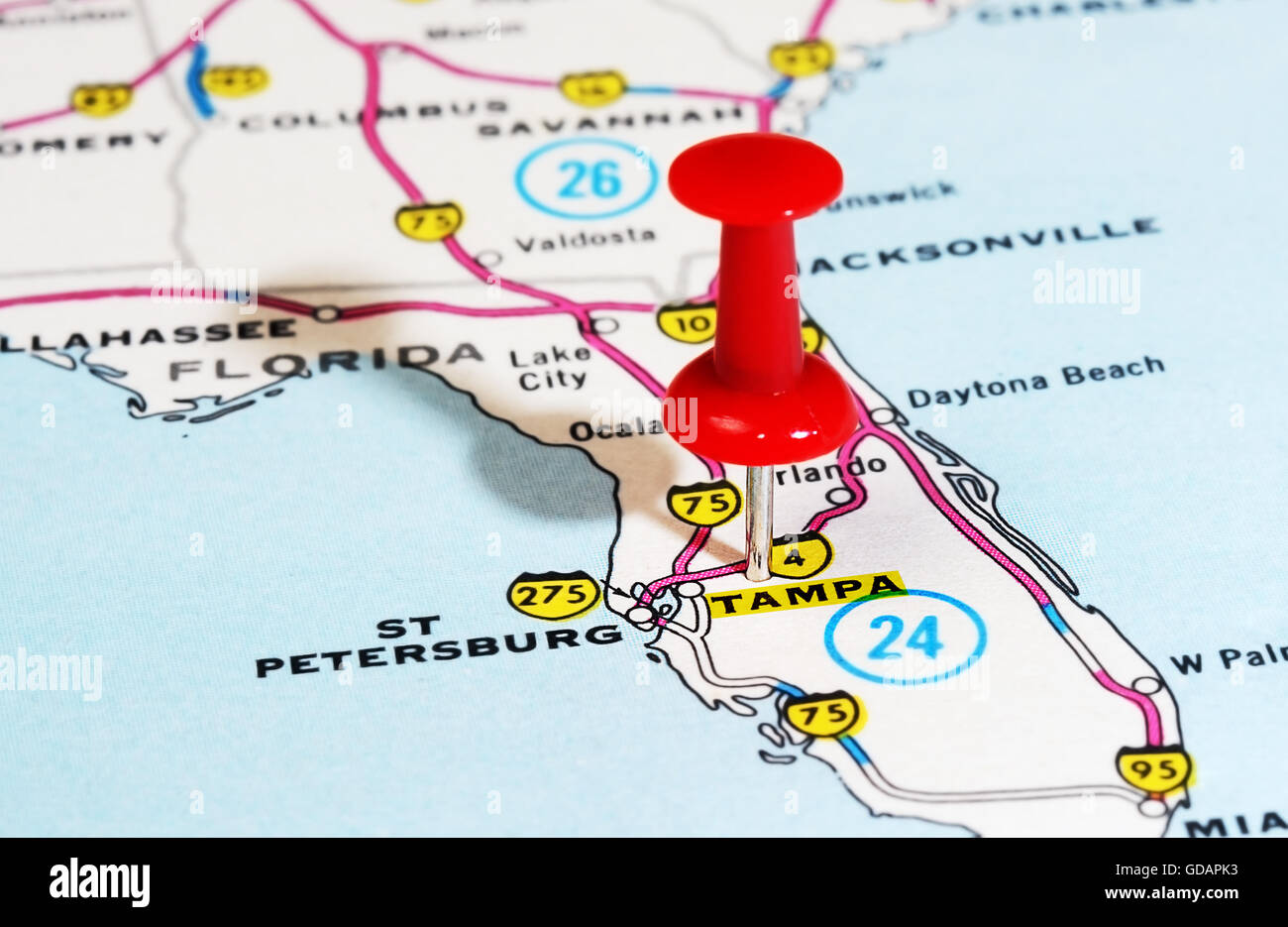 Close up di Tampa Florida USA mappa con perno rosso - Concetto di viaggio Foto Stock