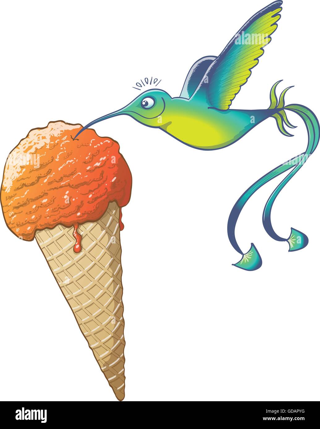 Bella hummingbird con il blu e il verde delle piume, coda lunga e sottile becco curvo mentre si sbattono le sue ali, sorridente e bere orange ice cream Illustrazione Vettoriale