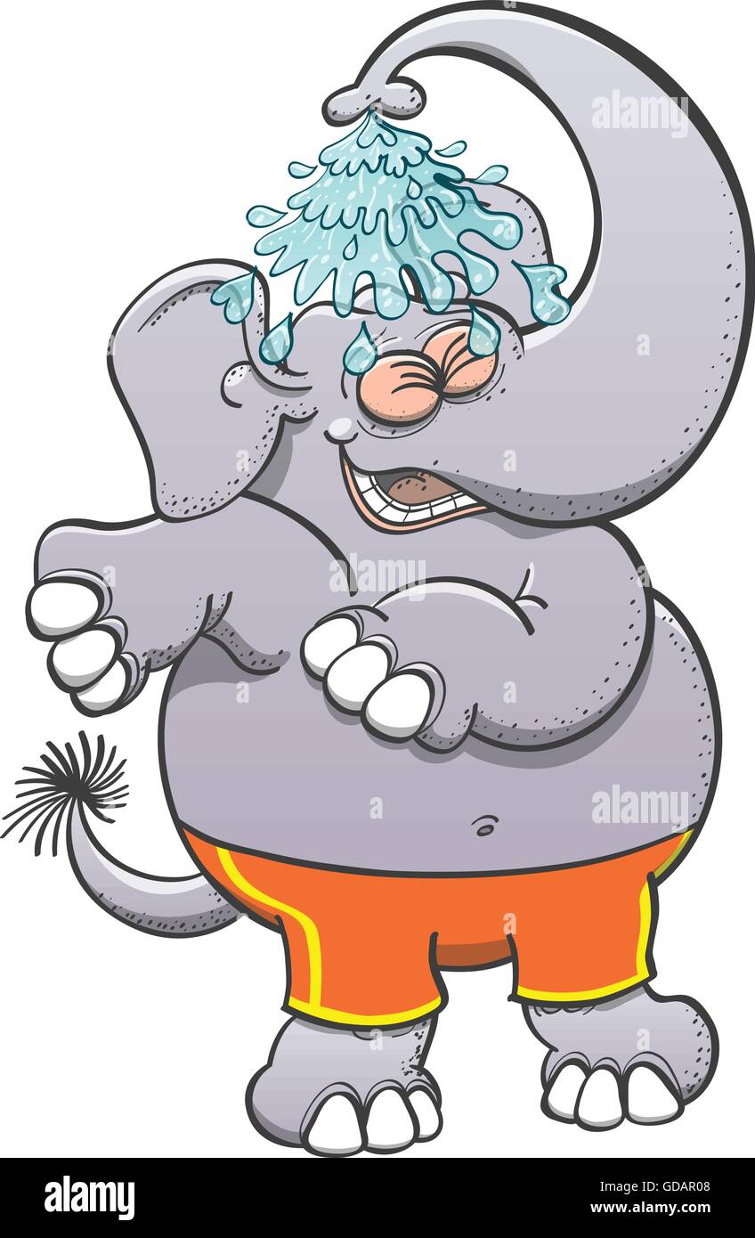 Cool elephant con grandi orecchie, lungo tronco e ventre prominente mentre indossa pantaloncini arancione, sorridente e divertirsi facendo la doccia con il suo tronco Illustrazione Vettoriale