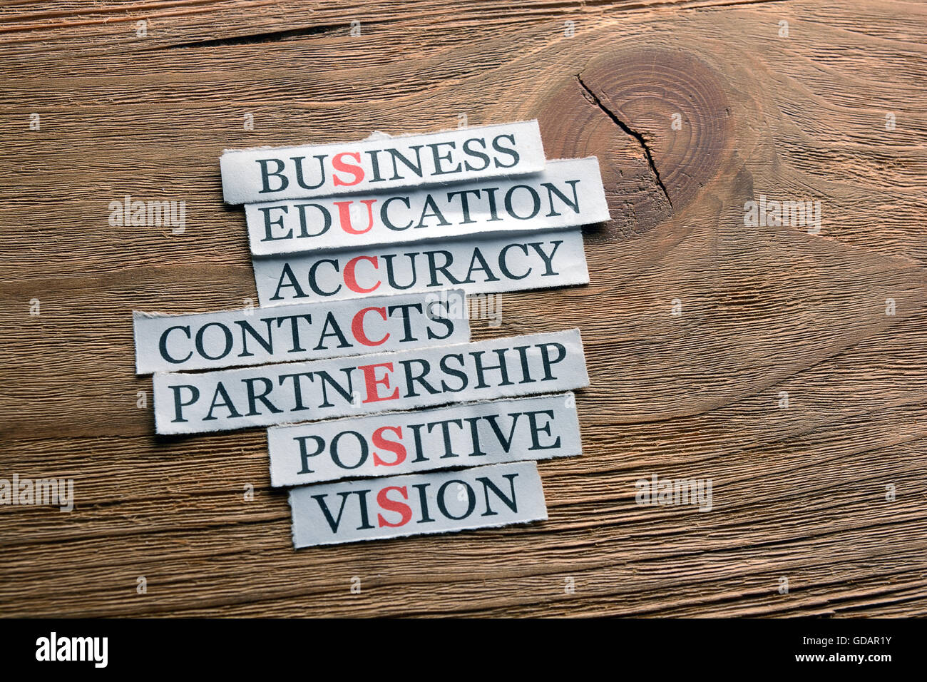 Acronimo di successo nel concetto di business, parole sulla carta tagliata su sfondo di legno Foto Stock