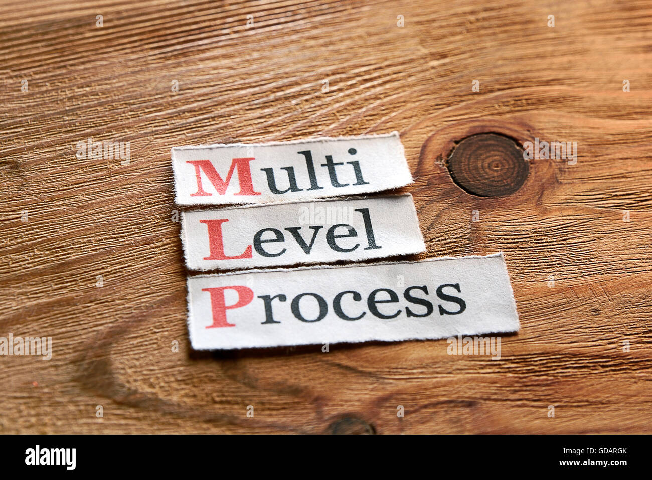 Il programma MLP- multi processo livello scritto su carta e su sfondo di legno Foto Stock