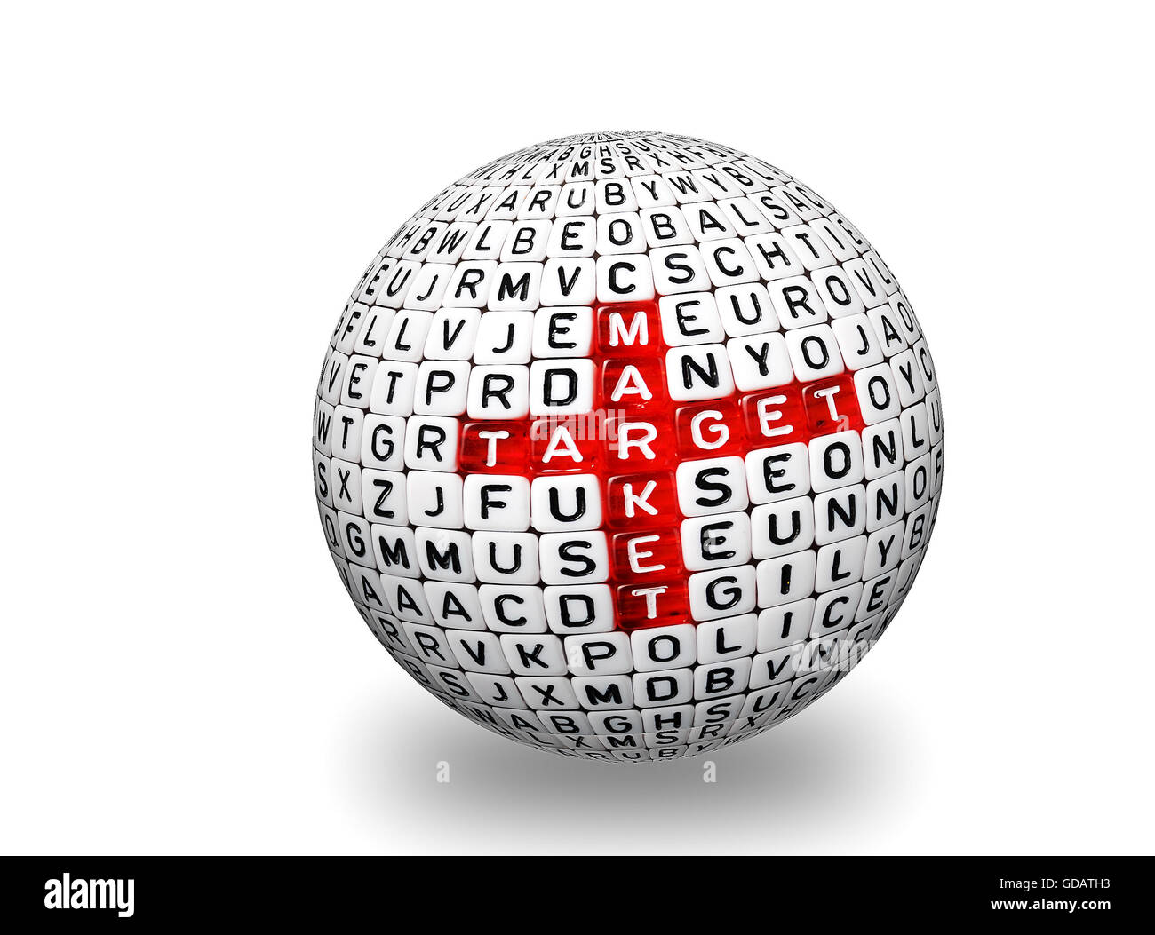 Target di mercato il cruciverba su 3d sfera dadi in plastica Foto Stock