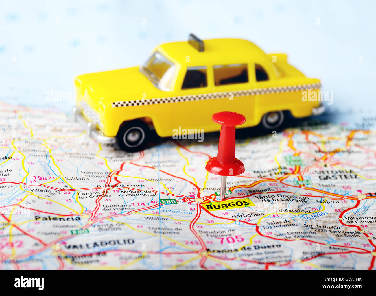 Burgos ,Spagna mappa ,il pin e taxi auto giocattolo - Concetto di viaggio Foto Stock