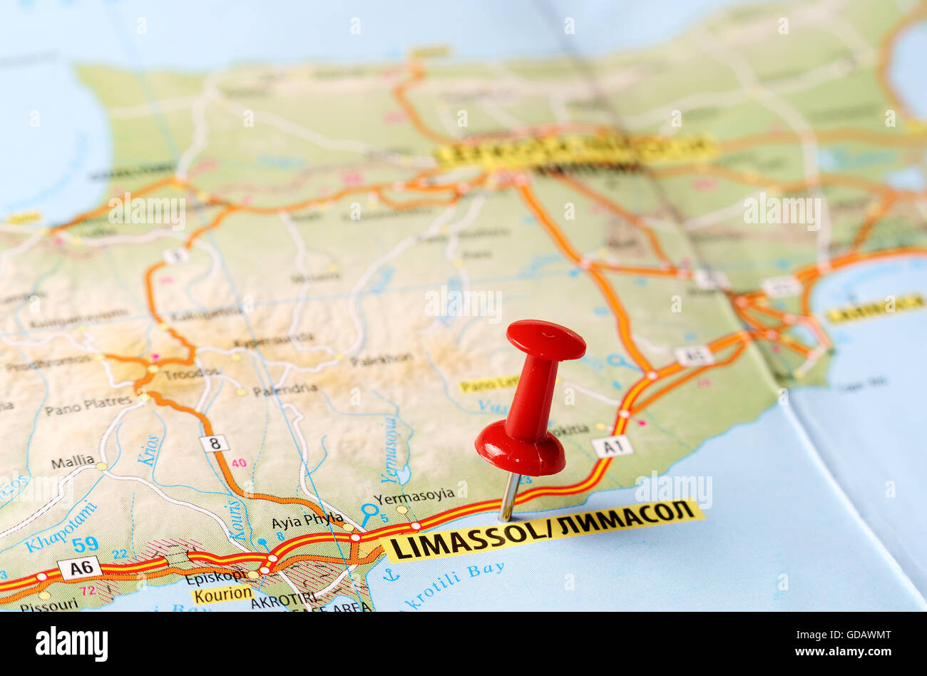 Close up di Limassol, Cipro mappa con perno rosso - Concetto di viaggio Foto Stock