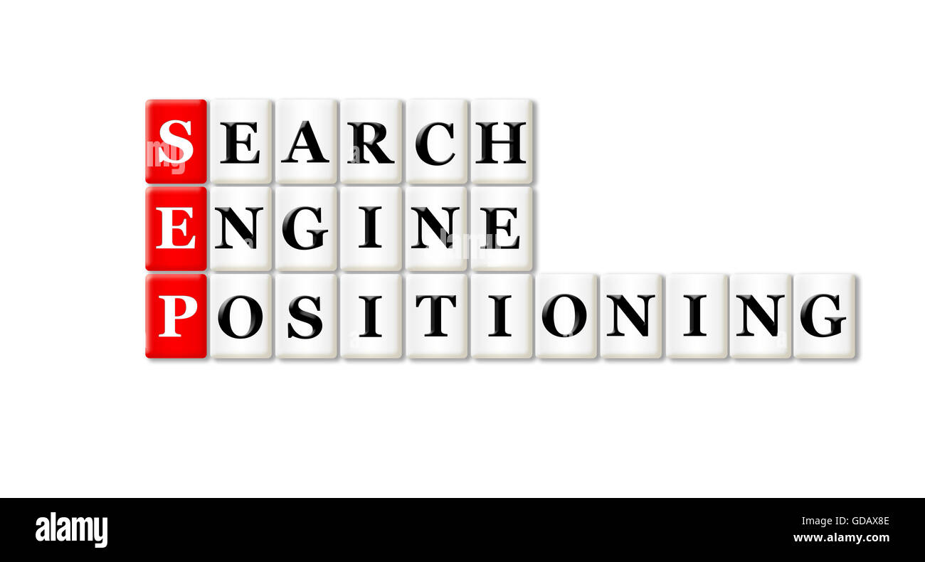 SEP concettuale ricerca Motore acronimo di posizionamento su bianco Foto Stock