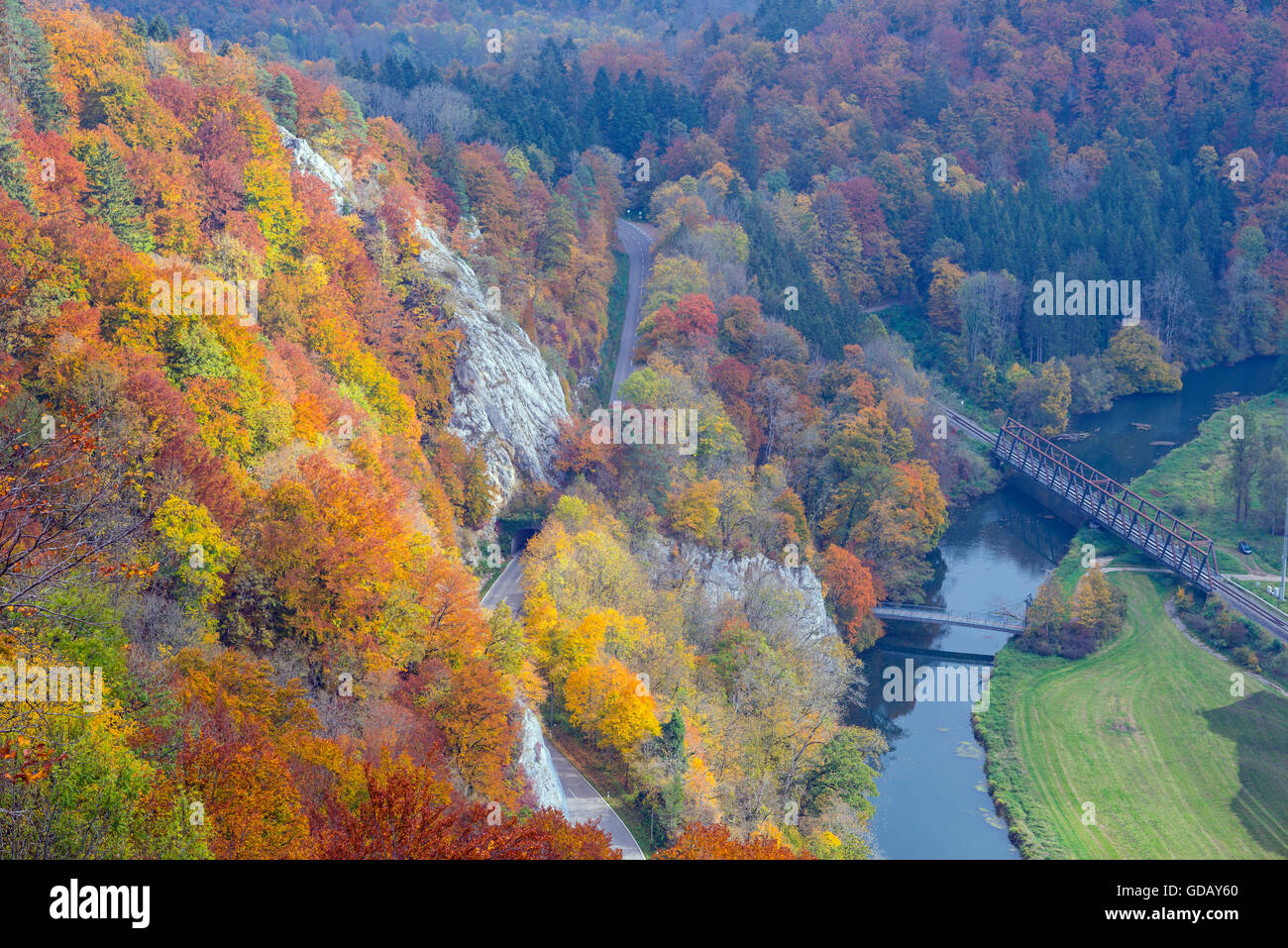 Vantage point,Baden-Wurttemberg,vicino Irndorf,ponte,alberi,germania,Danubio,Valle del Danubio,ponte ferroviario,l'Europa,fiume,r Foto Stock