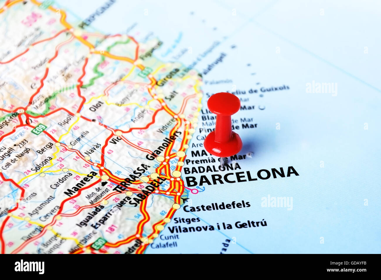 Close up di Barcellona , Spagna mappa e perno rosso - Concetto di viaggio Foto Stock