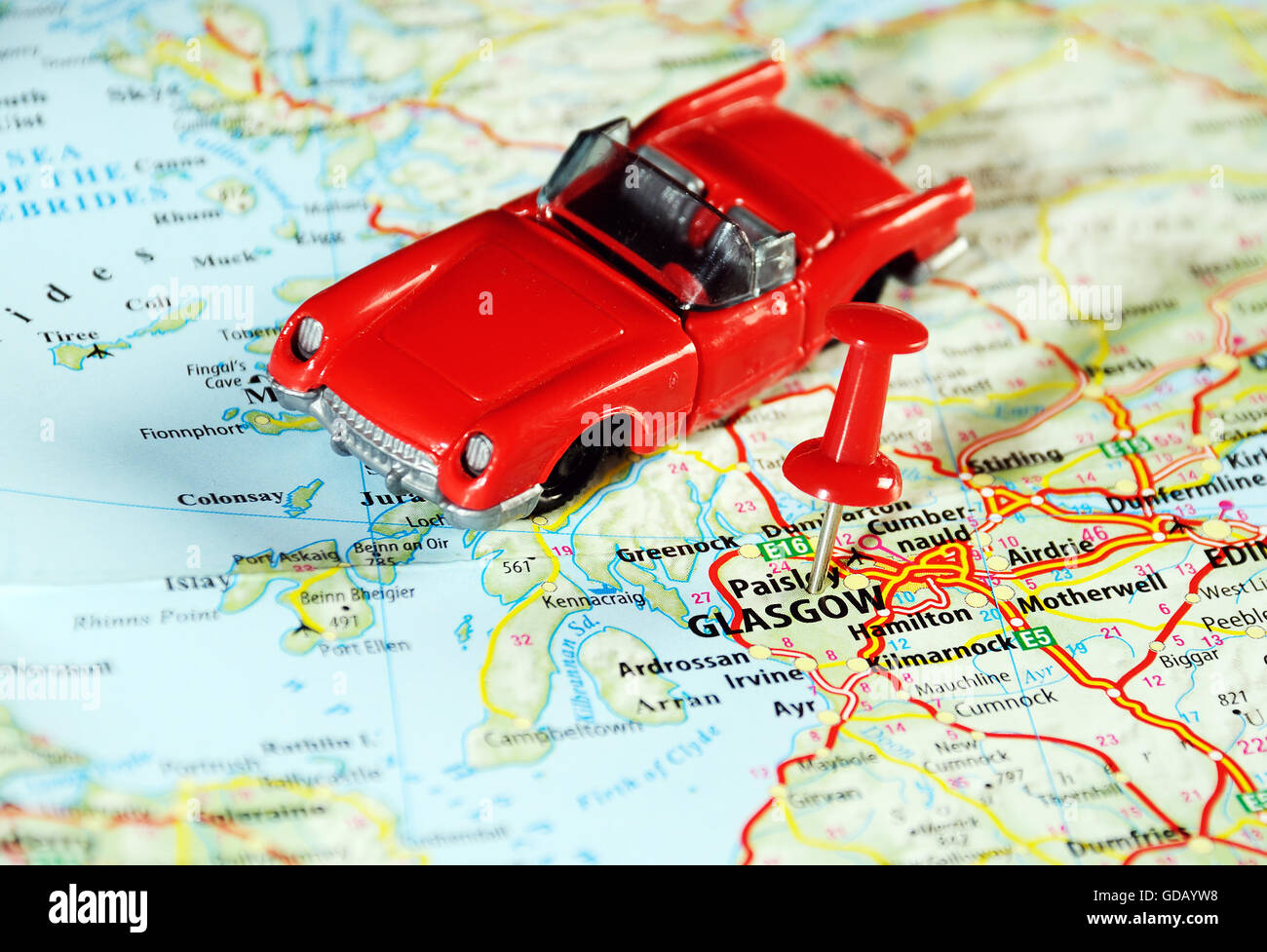 Glasgow Scozia ,Regno Unito mappa auto e pin - Concetto di viaggio Foto Stock