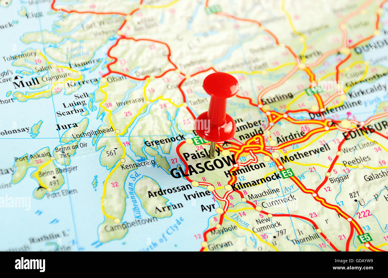 Glasgow Scozia ,Regno Unito mappa e pin - Concetto di viaggio Foto Stock