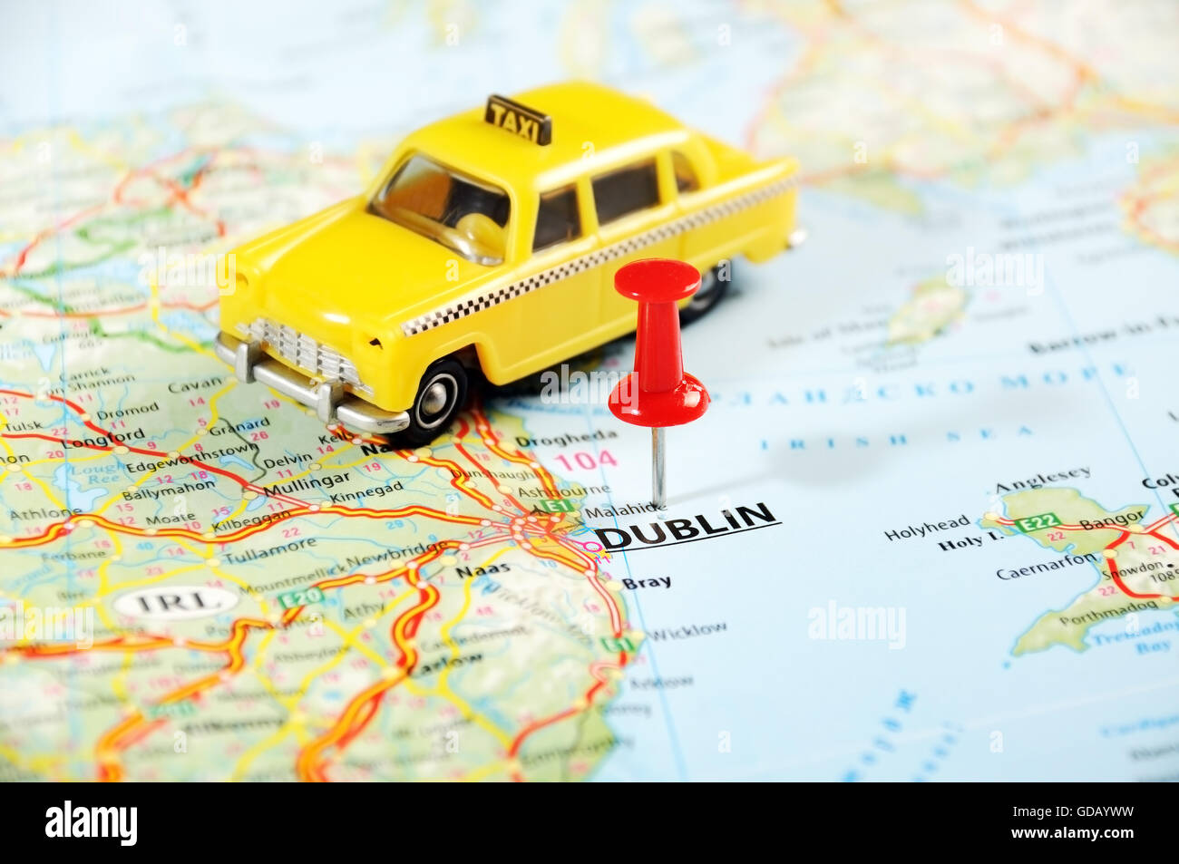 Dublino Irlanda ,Regno Unito mappa auto taxi e pin - Concetto di viaggio Foto Stock