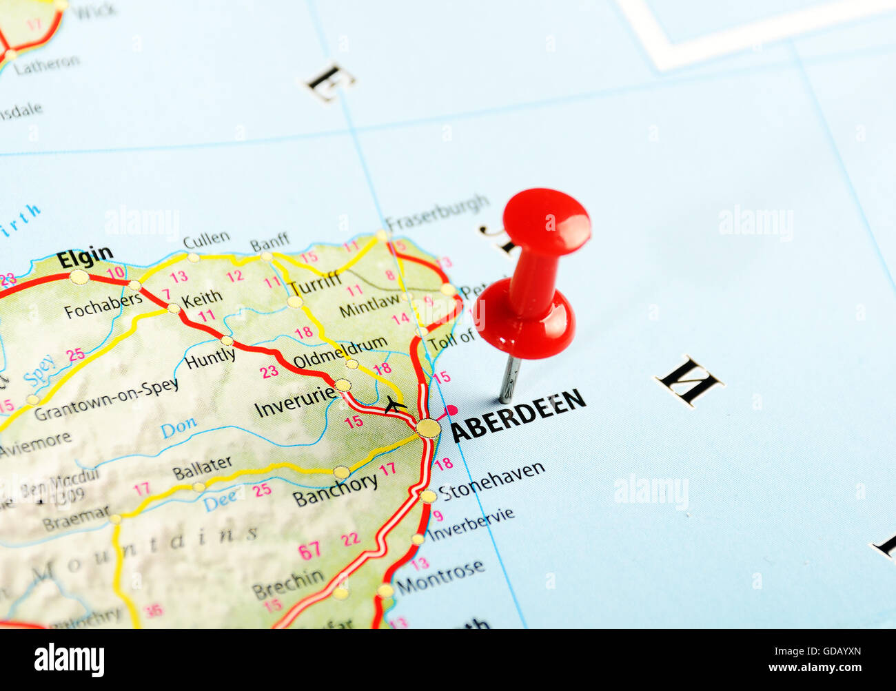 Aberdeen Scotland ,Regno Unito mappa e pin - Concetto di viaggio Foto Stock