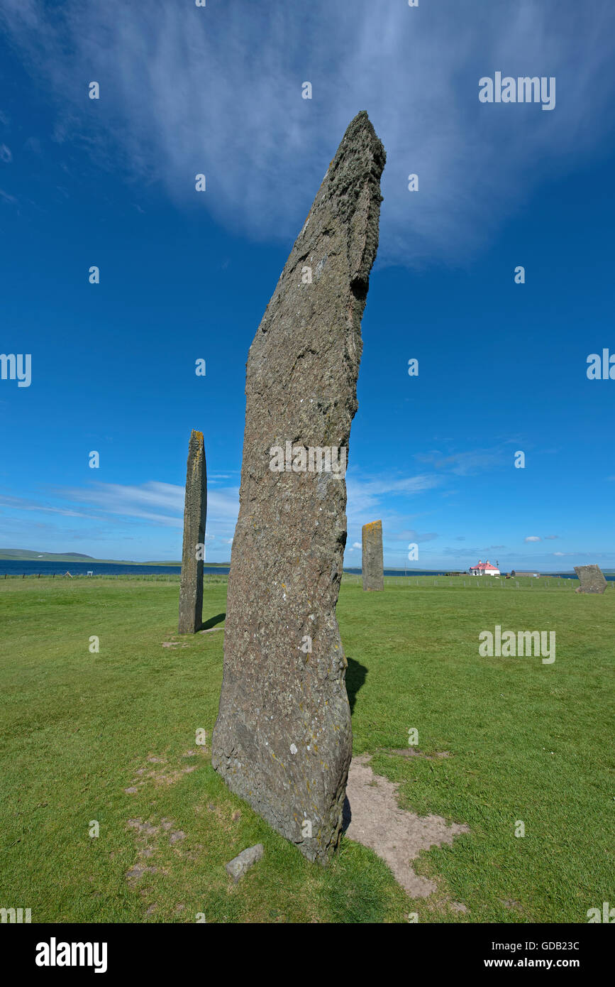 Stenness pietre permanente entro il Sito Patrimonio Mondiale dell'UNESCO, cuore delle Orcadi neolitiche. SCO 10,710. Foto Stock