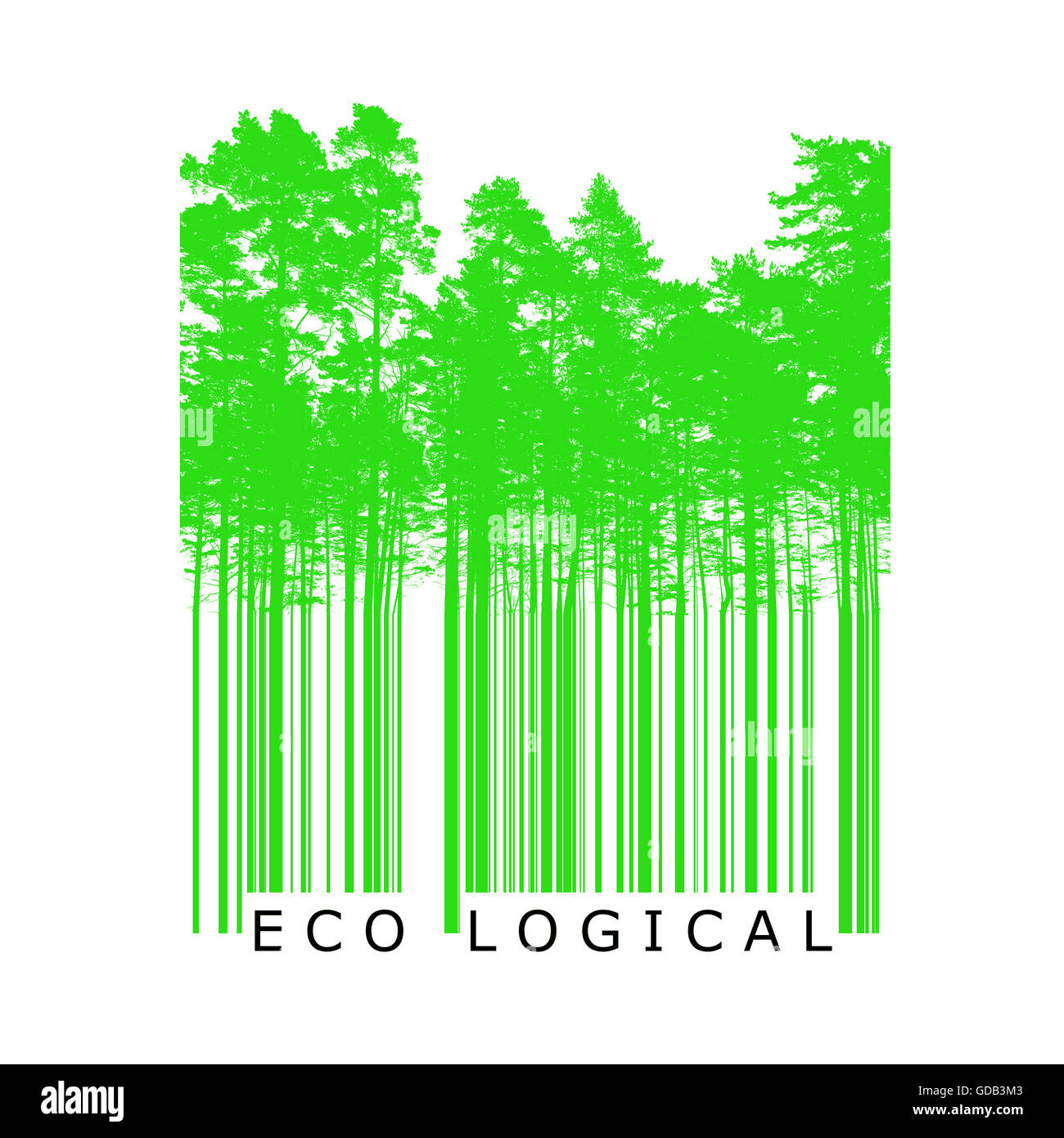 Prodotto ecologico codice a barre Concetto con luminosi verdi alberi sagome Foto Stock