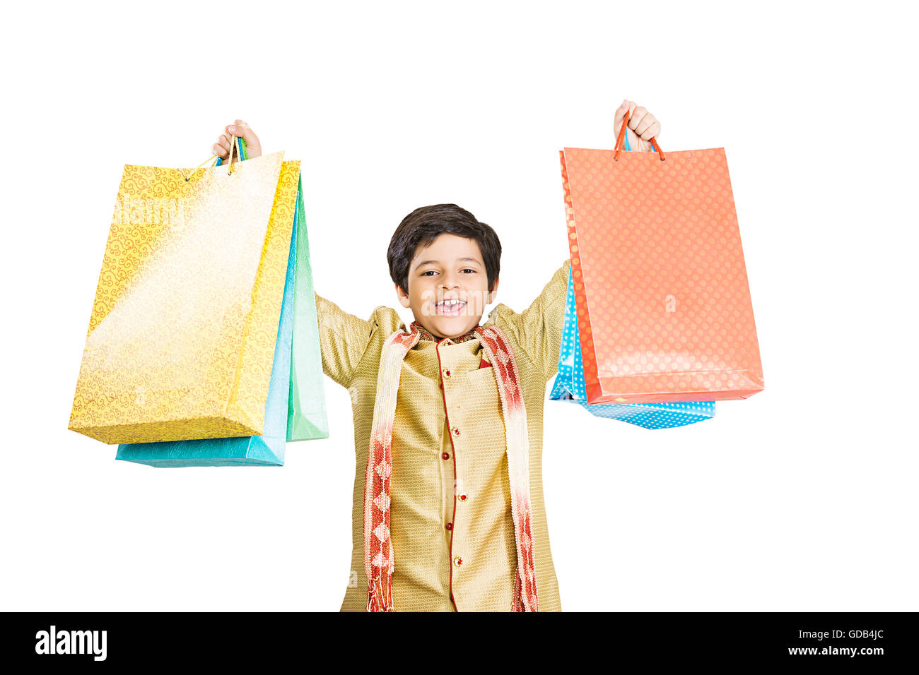 1 kid Boy Diwali Festival Standing Shopping Bag mostra Foto Stock