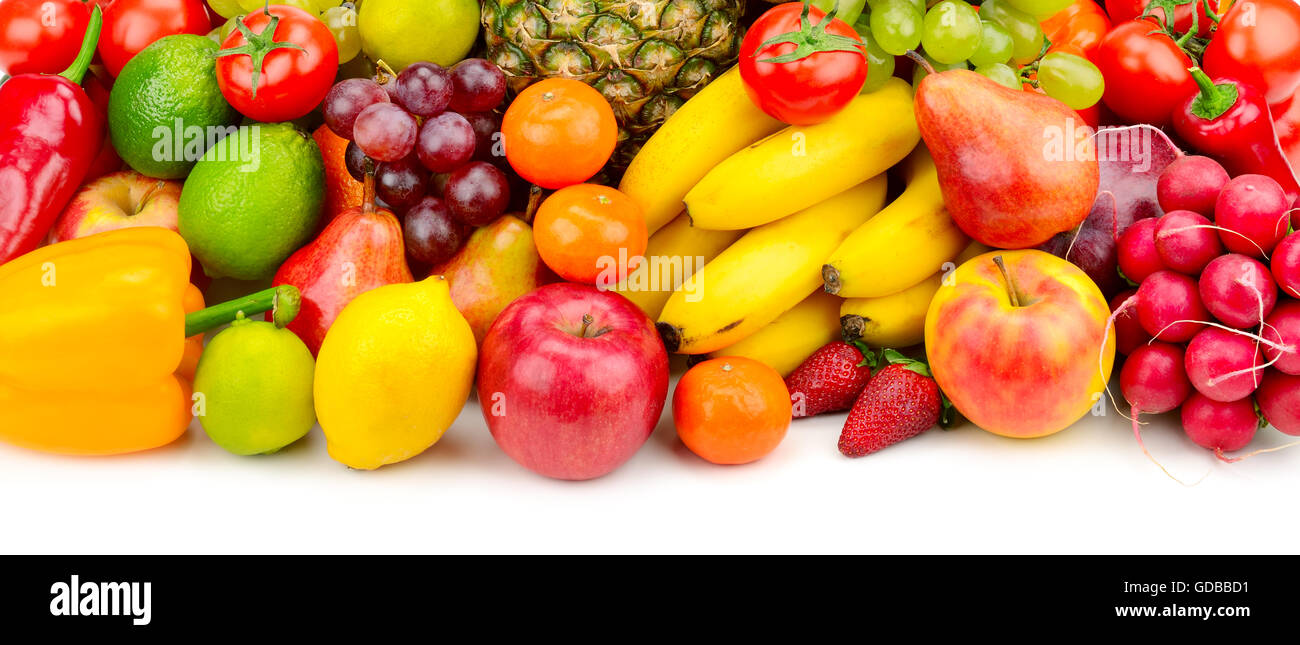 Collezione succosa frutta e verdura isolato su bianco Foto Stock