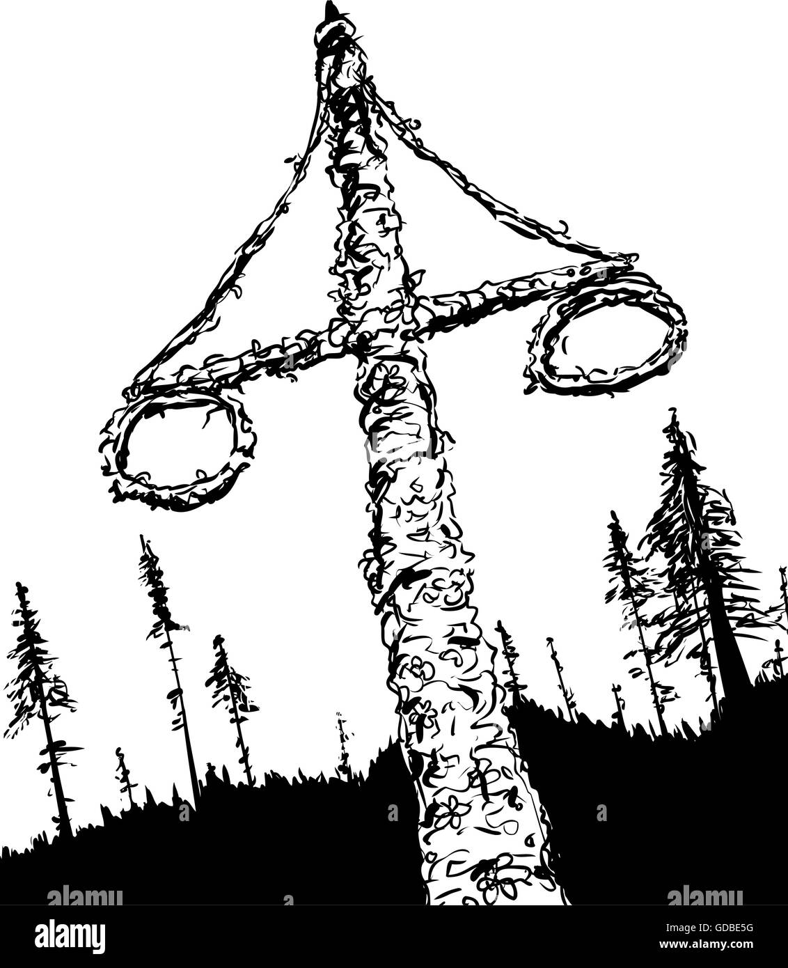 Schizzo di contorno di decorate Swedish midsummer holiday Maypole con due corone e foresta in background Illustrazione Vettoriale