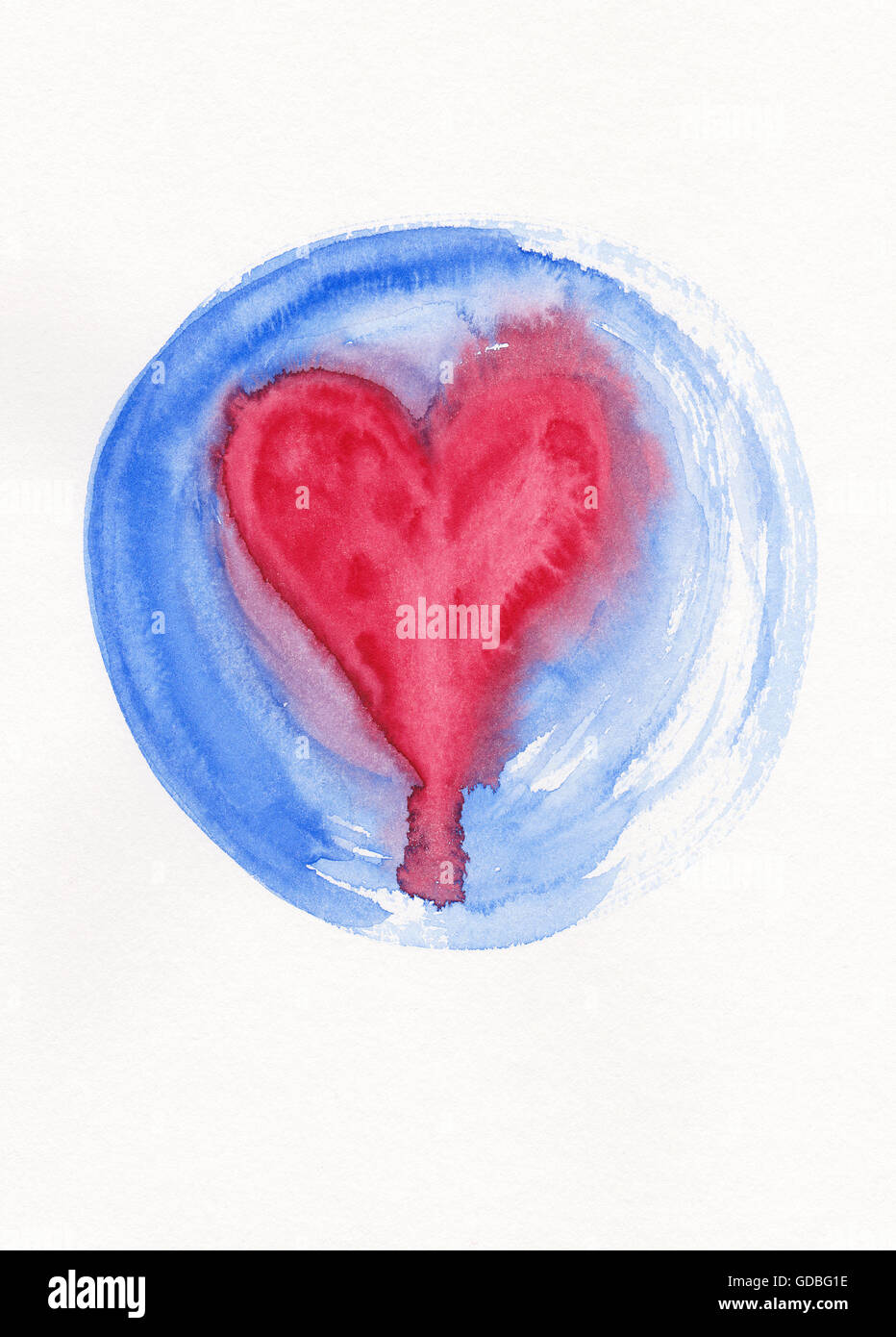 Cuore rosso nel cerchio blu telaio pittura ad acquerello Foto Stock