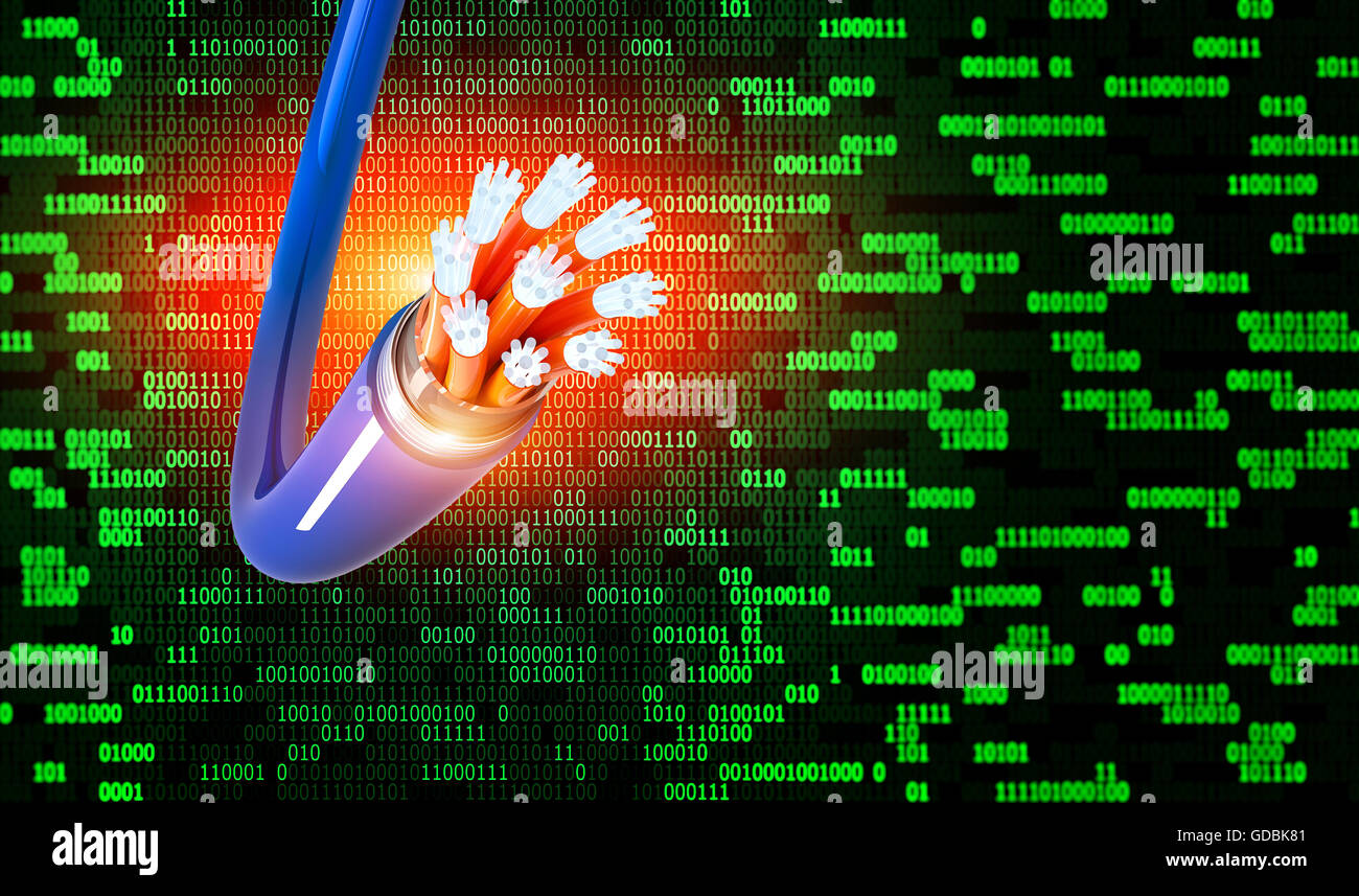 Il codice binario e la fibra ottica sullo sfondo Foto Stock