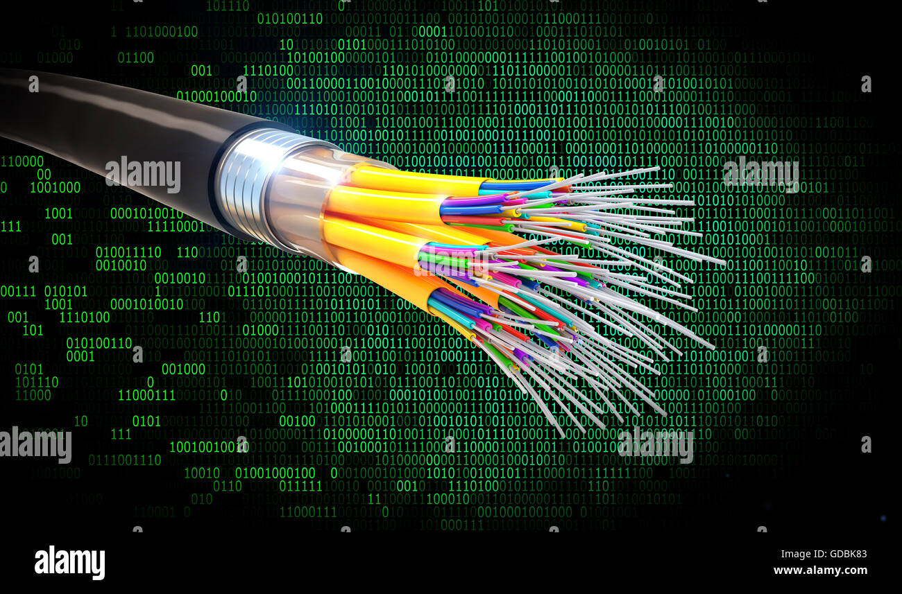 Fibra ottica e il codice binario sfondo Foto Stock