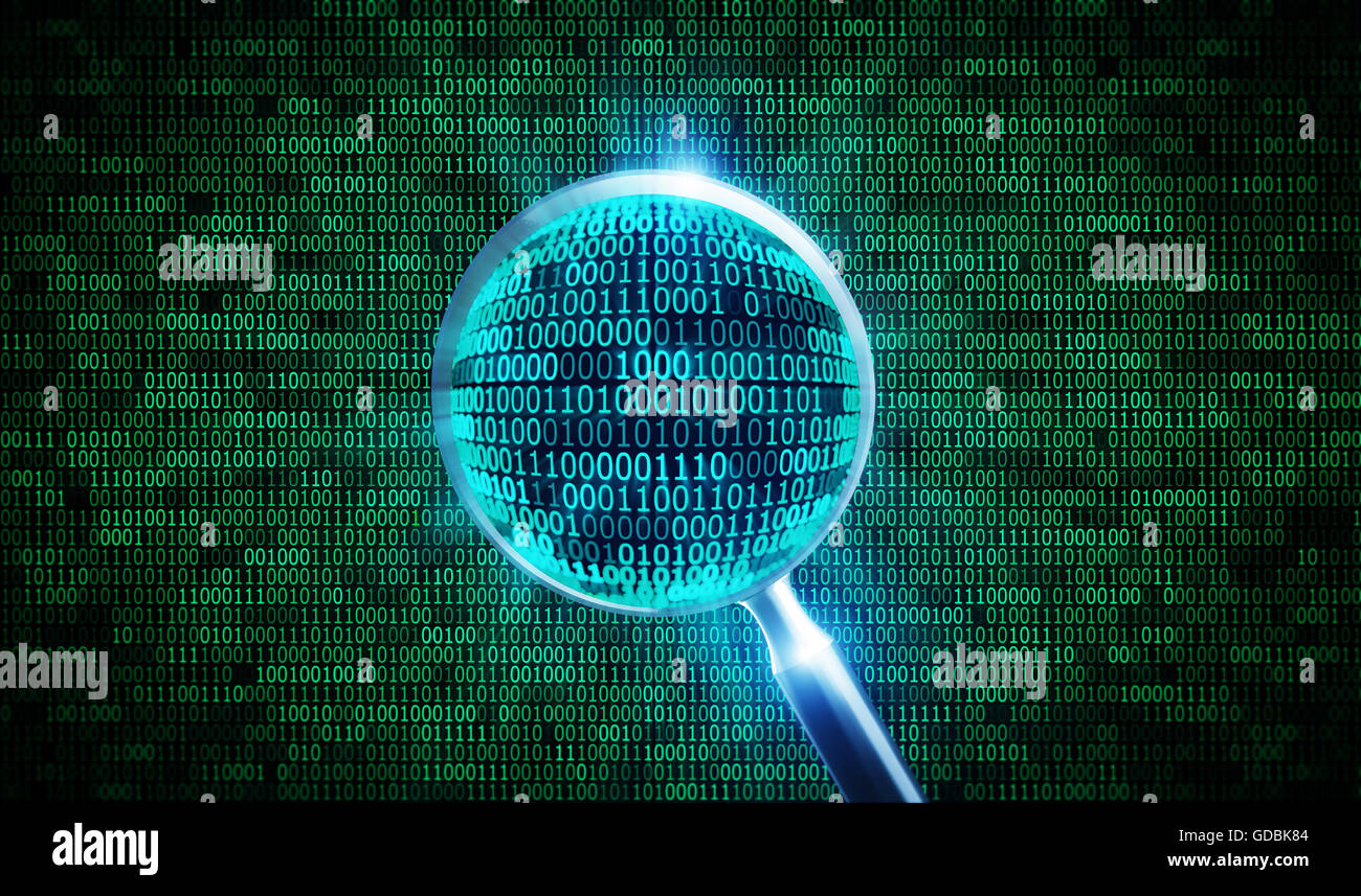 Verde codice binario e 3d alla lente di ingrandimento Foto Stock