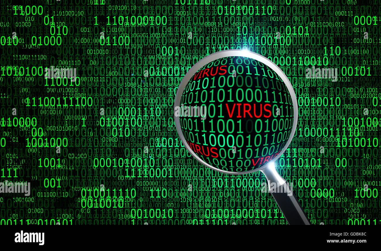 3d magnifier virus rosso e verde codice binario Foto Stock