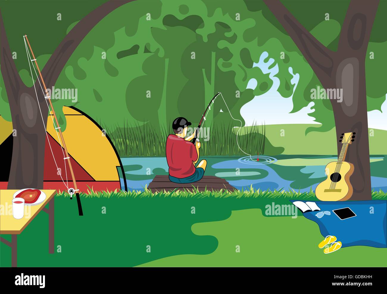 Camping day celebrazione, pesca sul fiume con una tenda nel mezzo di una natura selvaggia. Digital immagine vettoriale Illustrazione Vettoriale