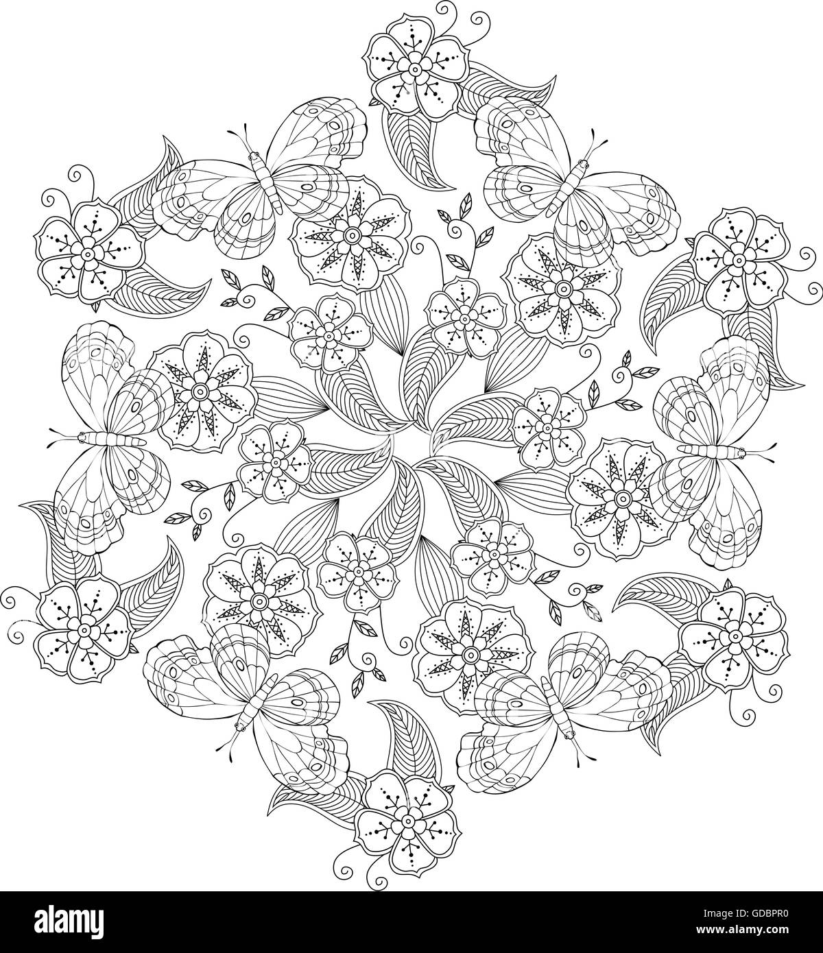 Mandala Mendie con farfalle e fiori e foglie. Zenart ispirato. Illustrazione Vettoriale