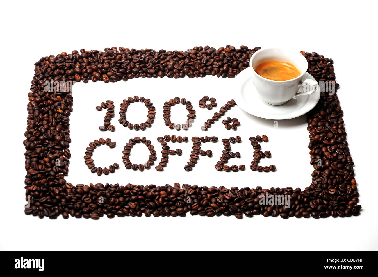 100 % testo caffè fatto di chicchi di caffè Foto Stock