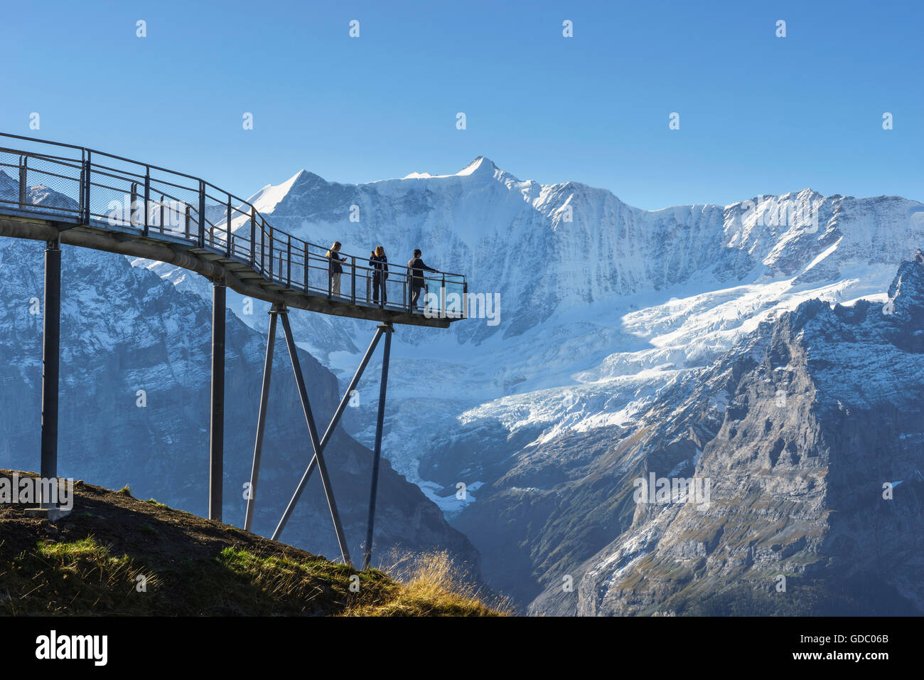 Sentiero del vertice e la piattaforma di osservazione con il nome prima scogliera a piedi al di sopra del primo sopra Grindelwald,Oberland Bernese,sw Foto Stock