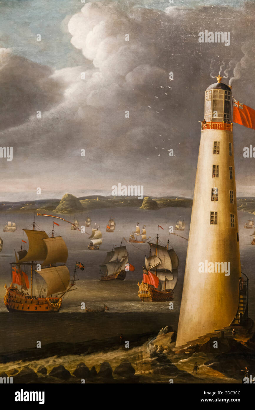 L'Inghilterra,Londra,Greenwich,Museo Marittimo Nazionale,Pittura del faro di Eddystone da Isaac produttore di veli datata 1708 Foto Stock
