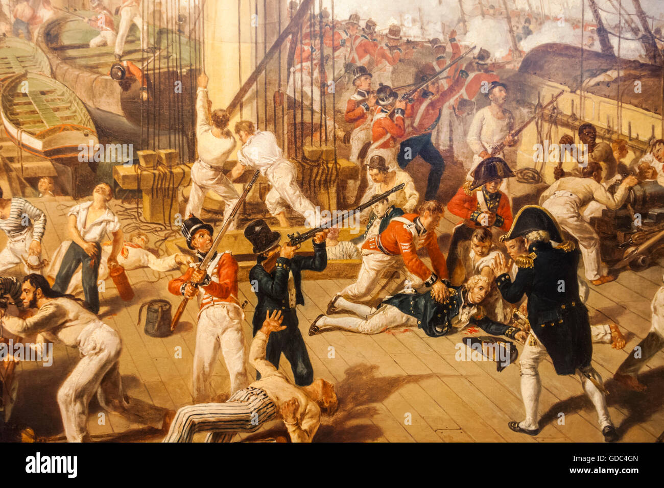 L'Inghilterra,Londra,Greenwich,Museo Marittimo Nazionale,pittura raffigurante la caduta di Nelson nella battaglia di Trafalgar da Denis Foto Stock