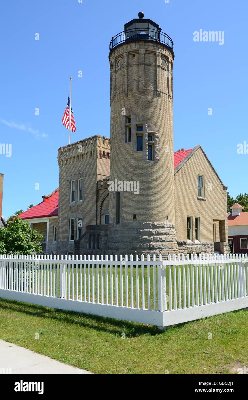 Old Mackinac Point Lighthouse in Mackinaw City Michigan sul Lago Huron Foto Stock