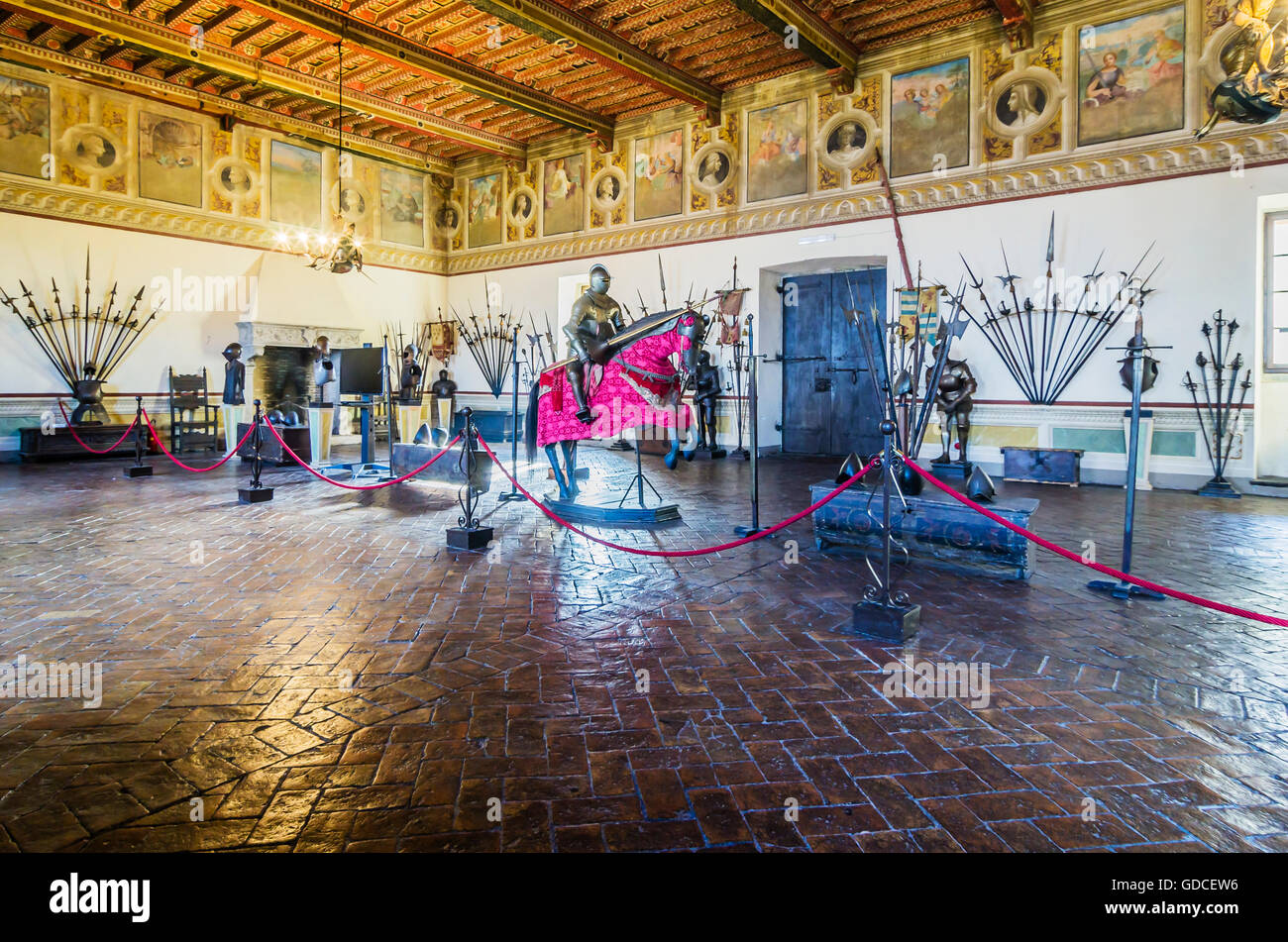 Cavaliere del armi e armatura, camera a Castello Orsini-Odescalchi, Bracciano, Città Metropolitana di Roma, lazio, Italy Foto Stock