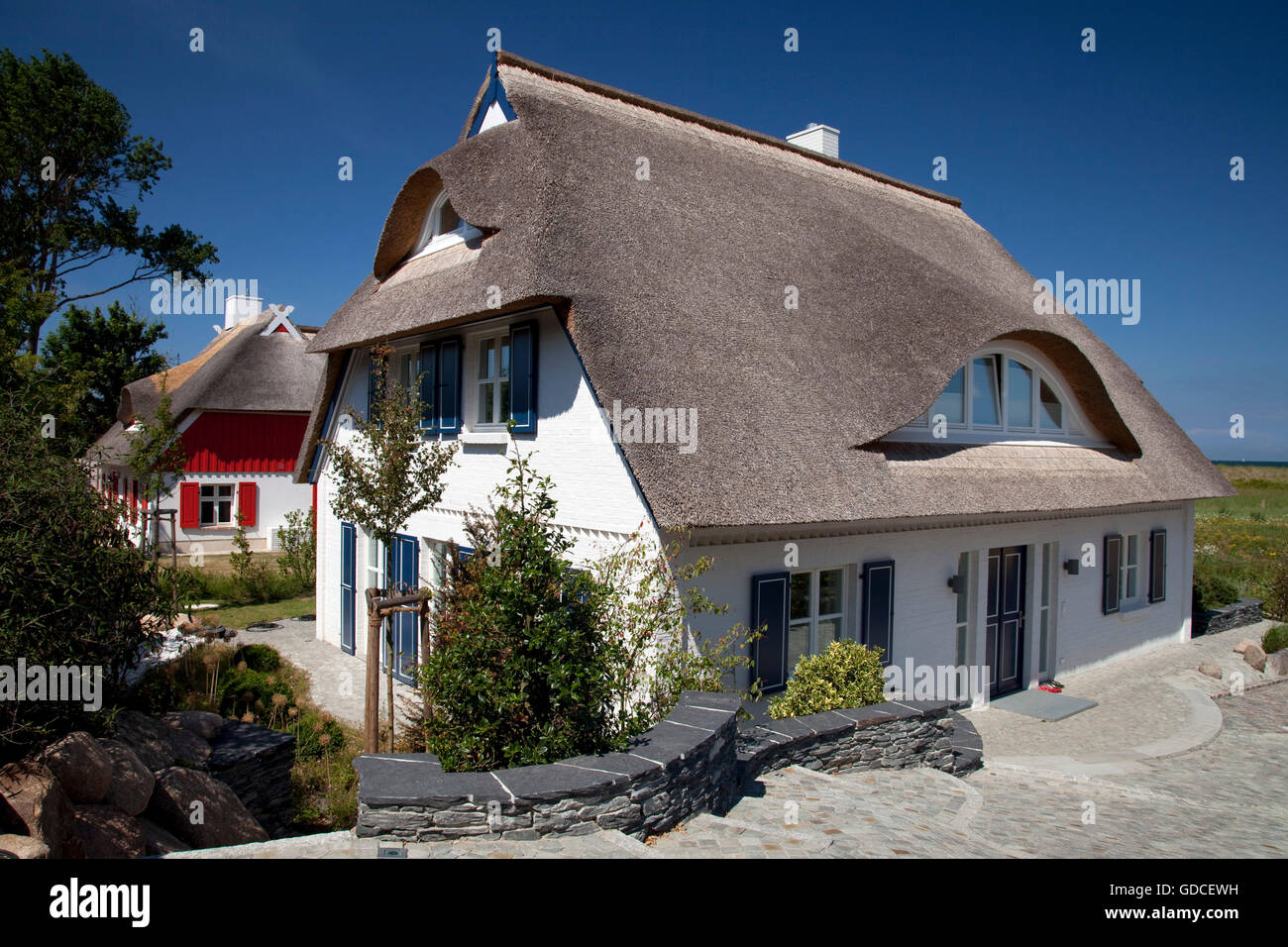 Casa di paglia, Mar Baltico località di Ahrenshoop, Fischland, Meclemburgo-Pomerania Occidentale Foto Stock