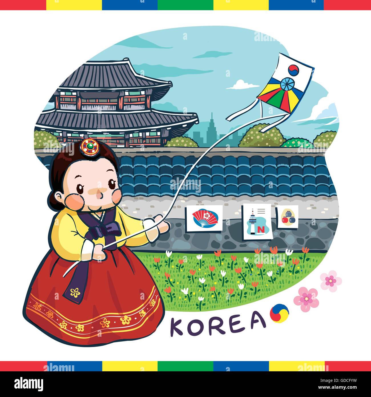 Adorabili Corea poster design - Una donna sta giocando con un aquilone Illustrazione Vettoriale