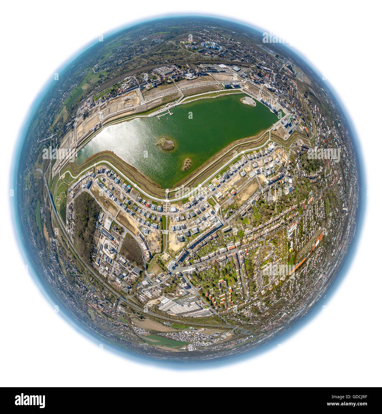 Vista aerea, Phoenix Lago, Lago di Phoenix Dortmund come immagine fisheye, fisheye, ex steelfactory, Dortmund, Ruhr aeria, Foto Stock