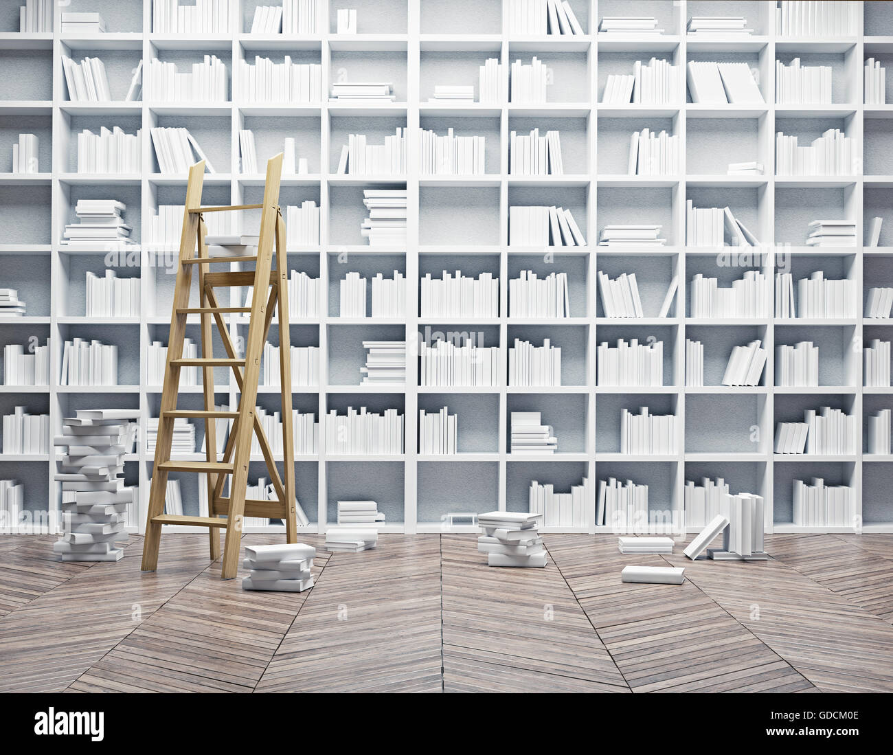 Grande biblioteca interiore. Libri bianchi concetto.3d illustrazione Foto Stock