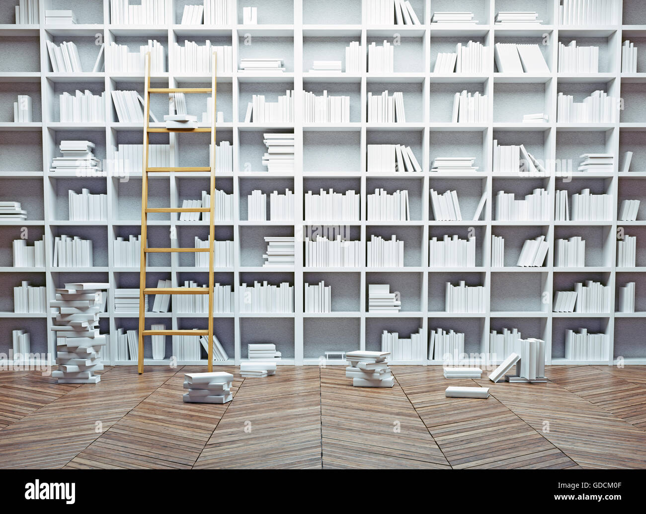 Grande biblioteca interiore. Libri bianchi concetto.3d illustrazione Foto Stock