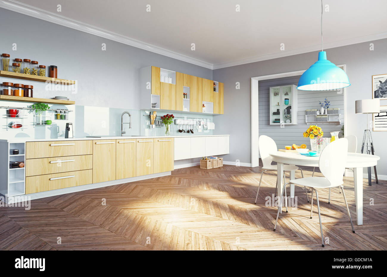 Cucina moderna con interni. 3d concept Foto Stock